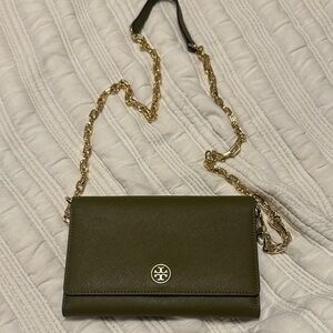 Tory Burch Dark Green Crossbody Bag with Gold Chain